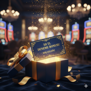 Bir hediye paketinden çıkan üzerinde 50 TL DENEME BONUSU yazan bir kart.